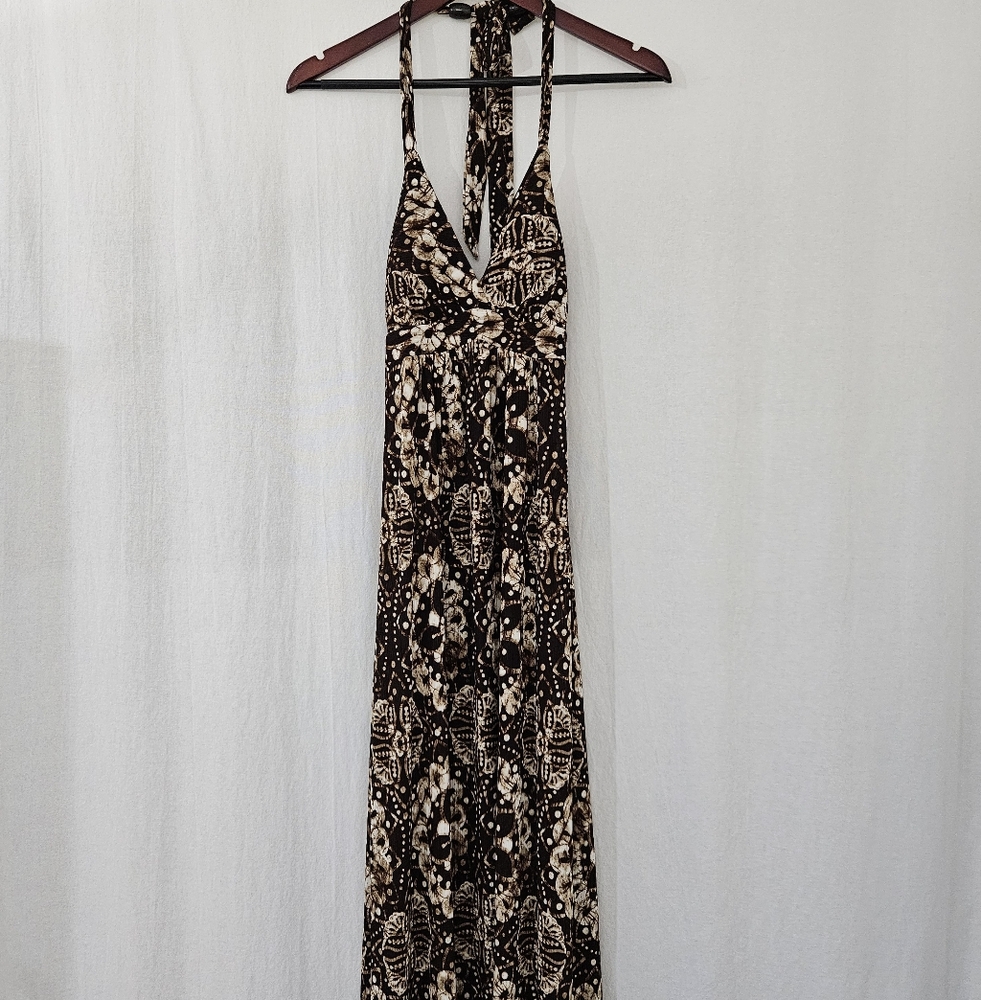 Grass Collection V-Neck Halter Neck Maxi Dress in Brown and Cream Pattern Size M
